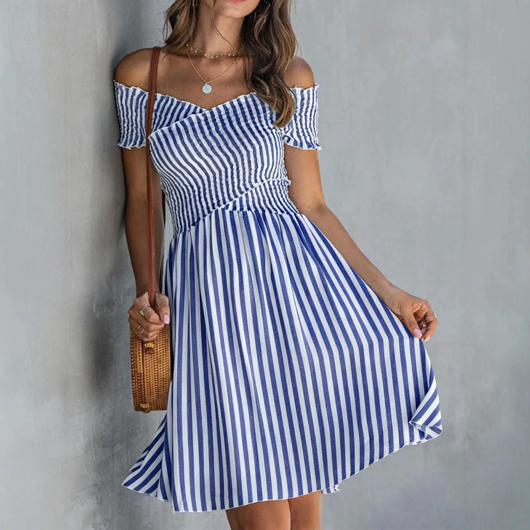

2026 Spring and Summer New One-word Shoulder Off-the-shoulder Striped Waist and Thin Dress