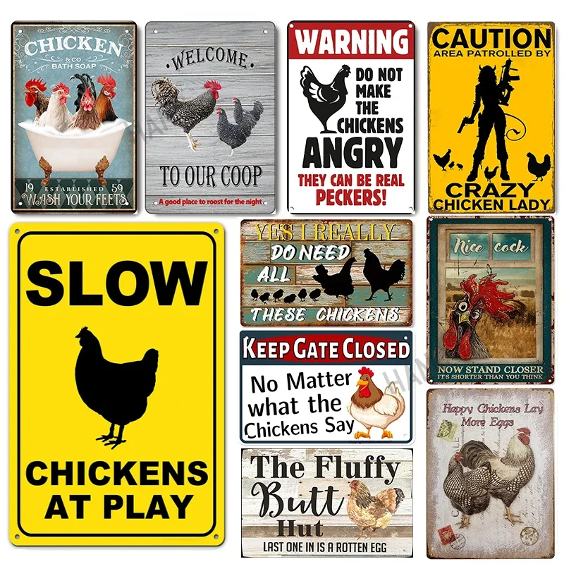 Funny Chicken Coop Sign Slow Chickens At Play Caution Vintage Chicken Warning Tin Signs for Farmhouse Gate Fence Wall 8x12 Inch