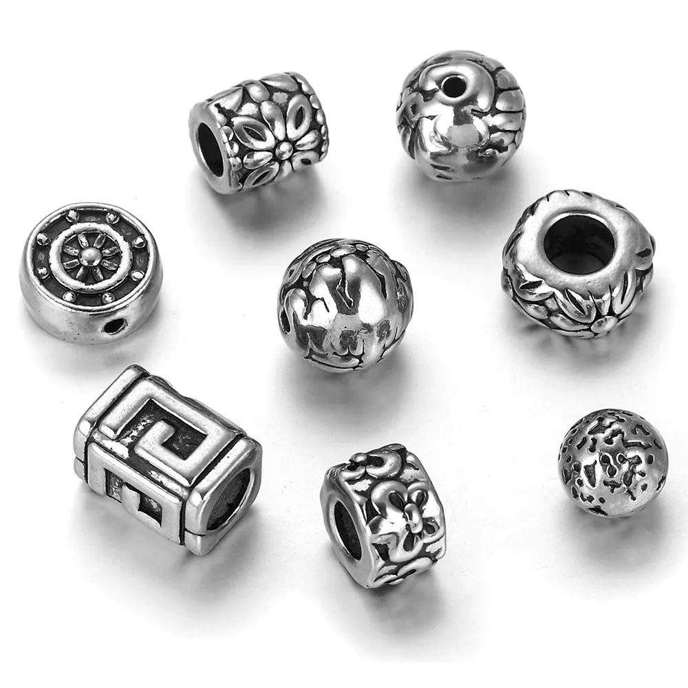 5Pcs Stainless Steel Vintage Square Tube Flower Bead Spacer Large Holes Beads for Bracelet Jewelry Making Necklace Metal Hair