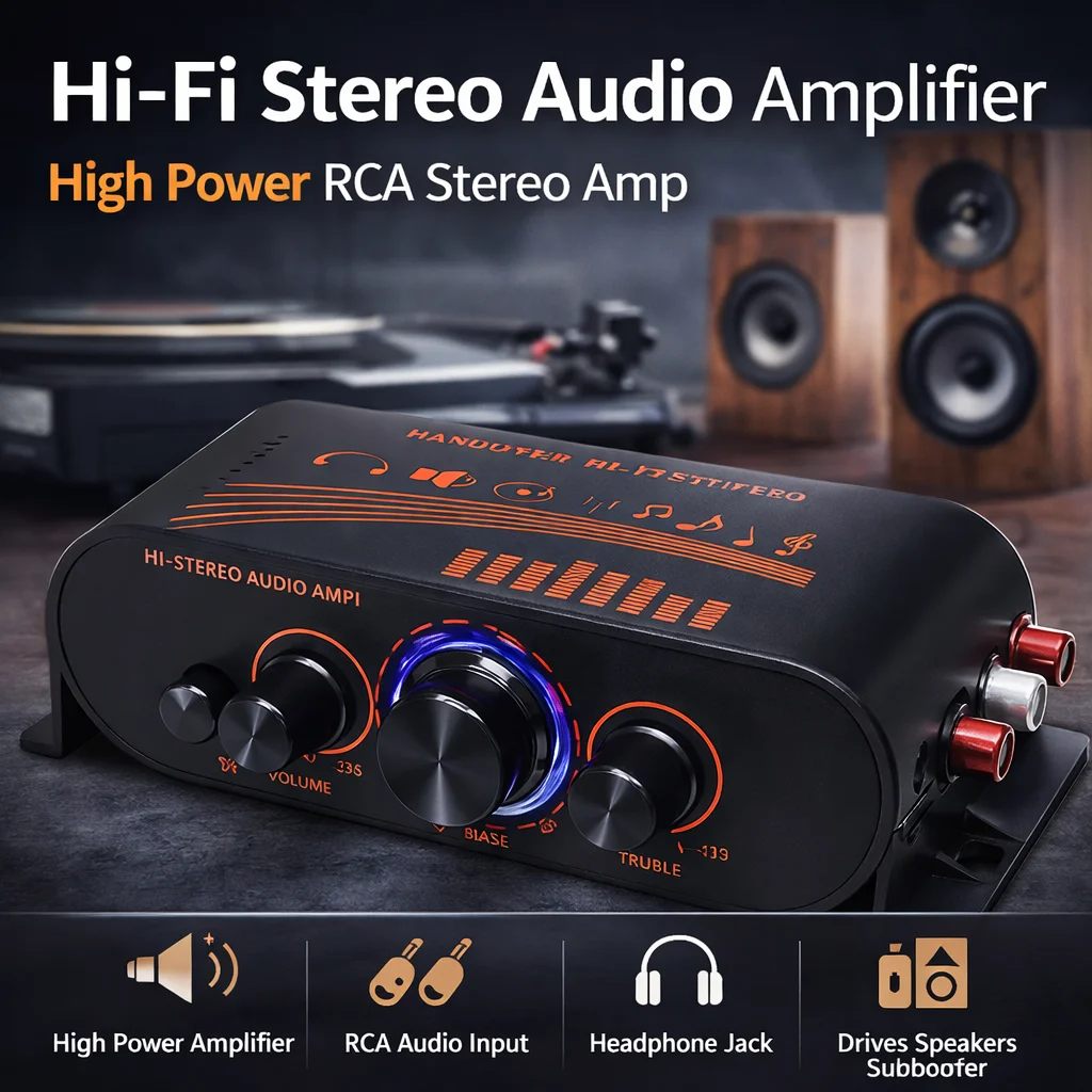HiFi Stereo Audio Amplifier RCA Input 2-Channel 20W×2 DC12V Mini Amp with Bass Treble Control For Car Home Speaker System