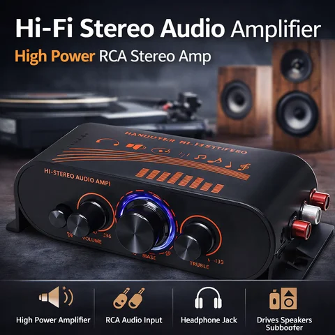 HiFi Stereo Audio Amplifier RCA Input 2-Channel 20W×2 DC12V Mini Amp with Bass Treble Control For Car Home Speaker System