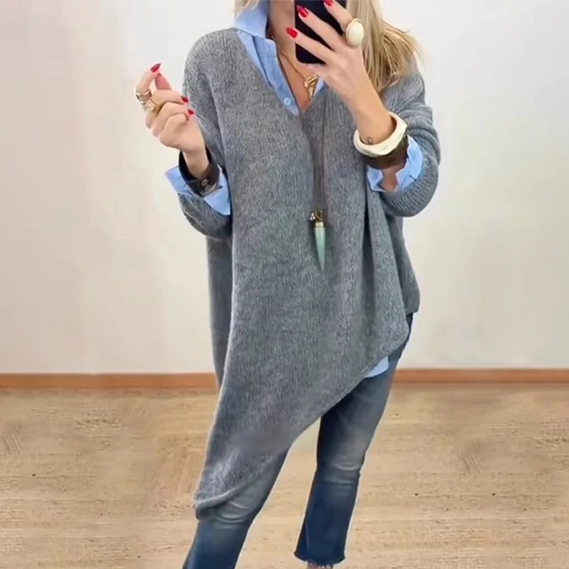 

Модный женский свитер BKLD 2026: серый, с V-образным вырезом, асимметричным подолом, свободного кроя, с разрезами по бокам. Элегантный, универсальный, повседневный, в стиле стритвир.