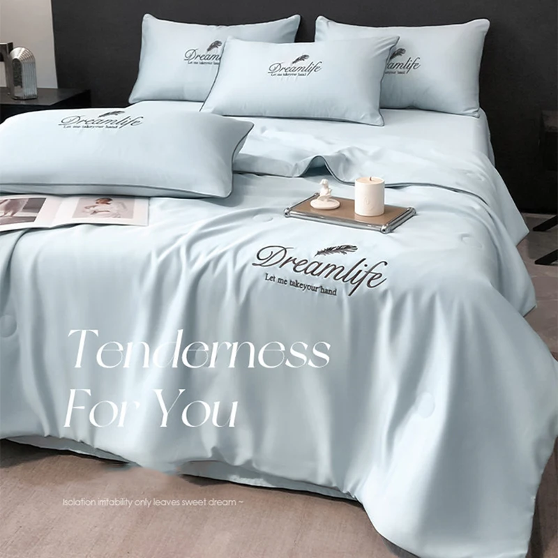 High-End Embroidery Cooling Quilt Set Summer Skin-Friendly Comforter Bedsheet Pillowcase Ice Silky Air Conditioning Blanket Kit