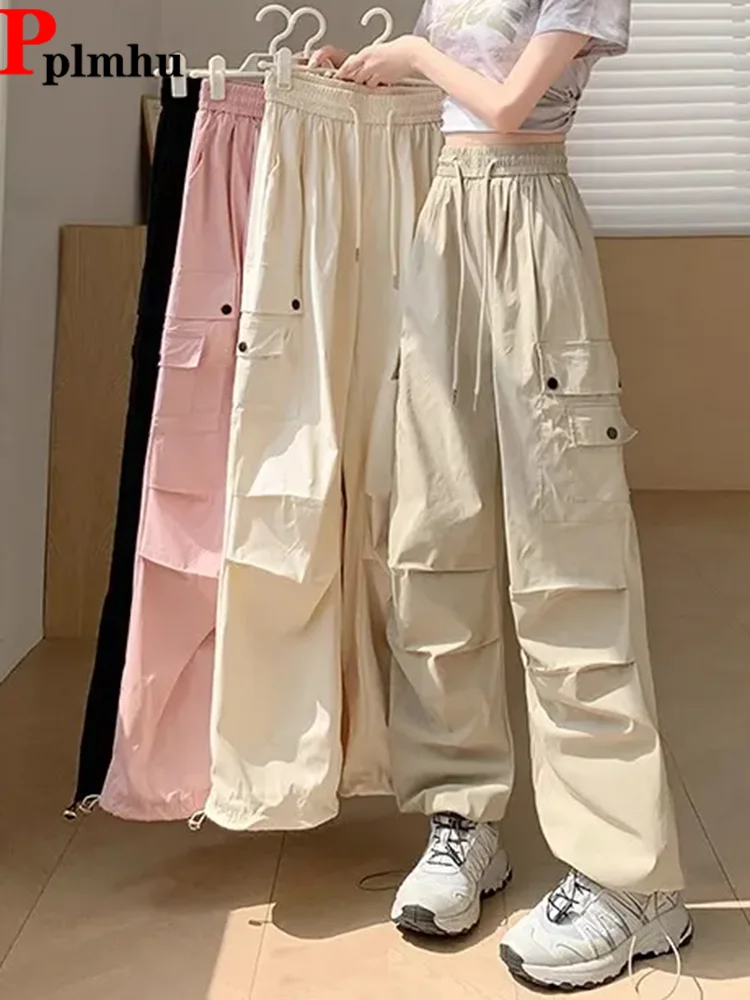 

Korean Design Loose Cargo Pants Women Casual Elastic High Waist Straight Pantalones Spring Fall Lace Up Spodnie Chic Trousers