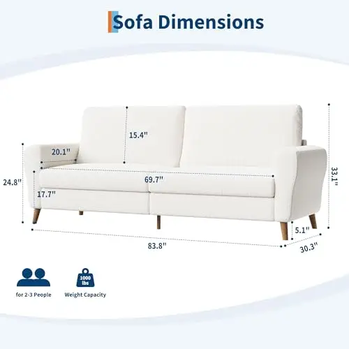 

White 83.8-Inch Boucle 3-Person Sofa With Sleek Arms And Natural Wood Legs For Modern Living Space