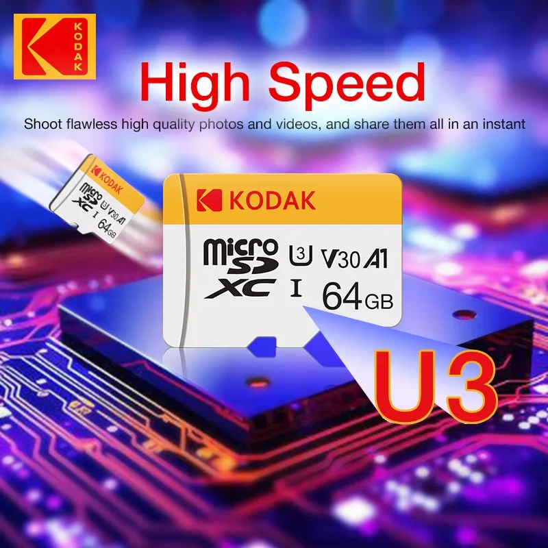 100% Original Kodak Micro SD Card 64GB Class 10 High Speed Memory Card 32GB Wholesale U3 Card 128G 256G Smartphone Tablet Camera