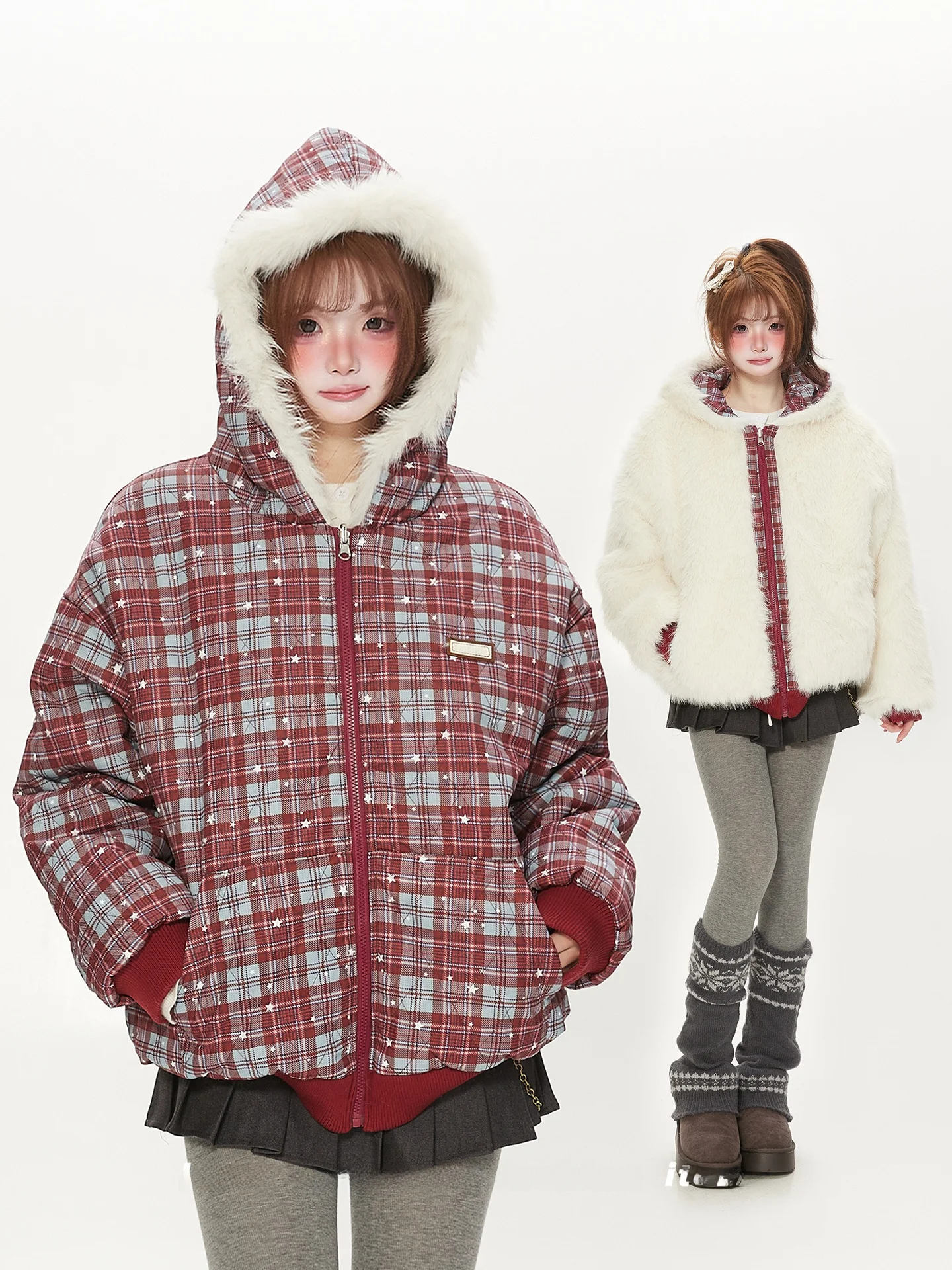 

Двусторонняя женская куртка в американском ретро-стиле, красная клетчатая, из хлопка, осенне-зимняя, утепленная, с мехом ягненка, корейский стиль