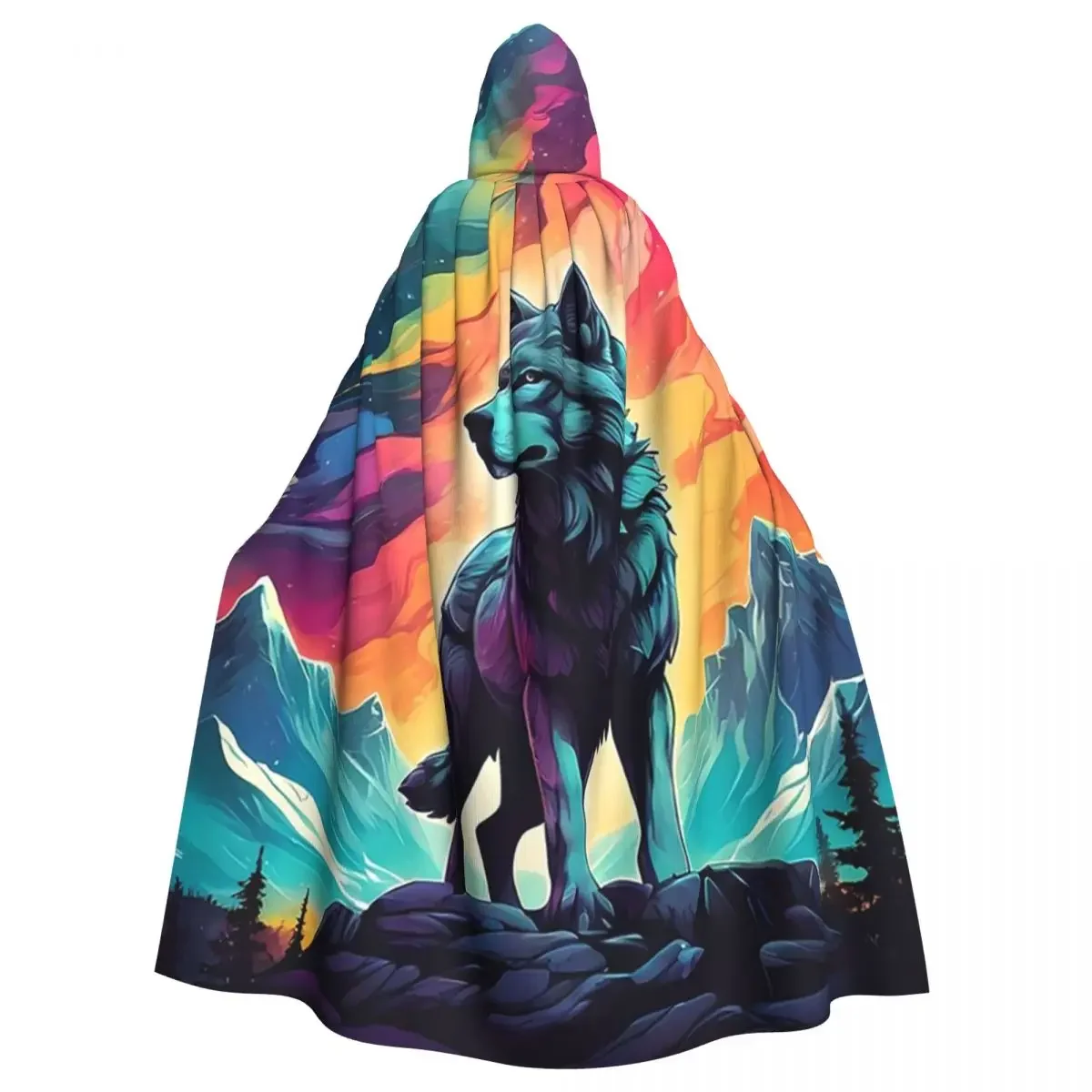 Mountain Wolf On The Hunt In The Northern Lights Hooded  Witch Medieval Costume Cosplay Cape HalloweenCoat Adult Unisex