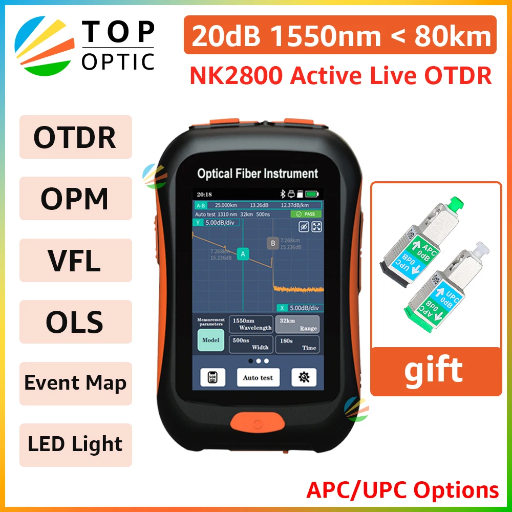 

2023 NK2800 Mini OTDR Active Fiber 1550nm Fiber Optic Reflectometer VFL OLS OPM Event map 20dB 80Km Fiber Cable Ethernet Tester