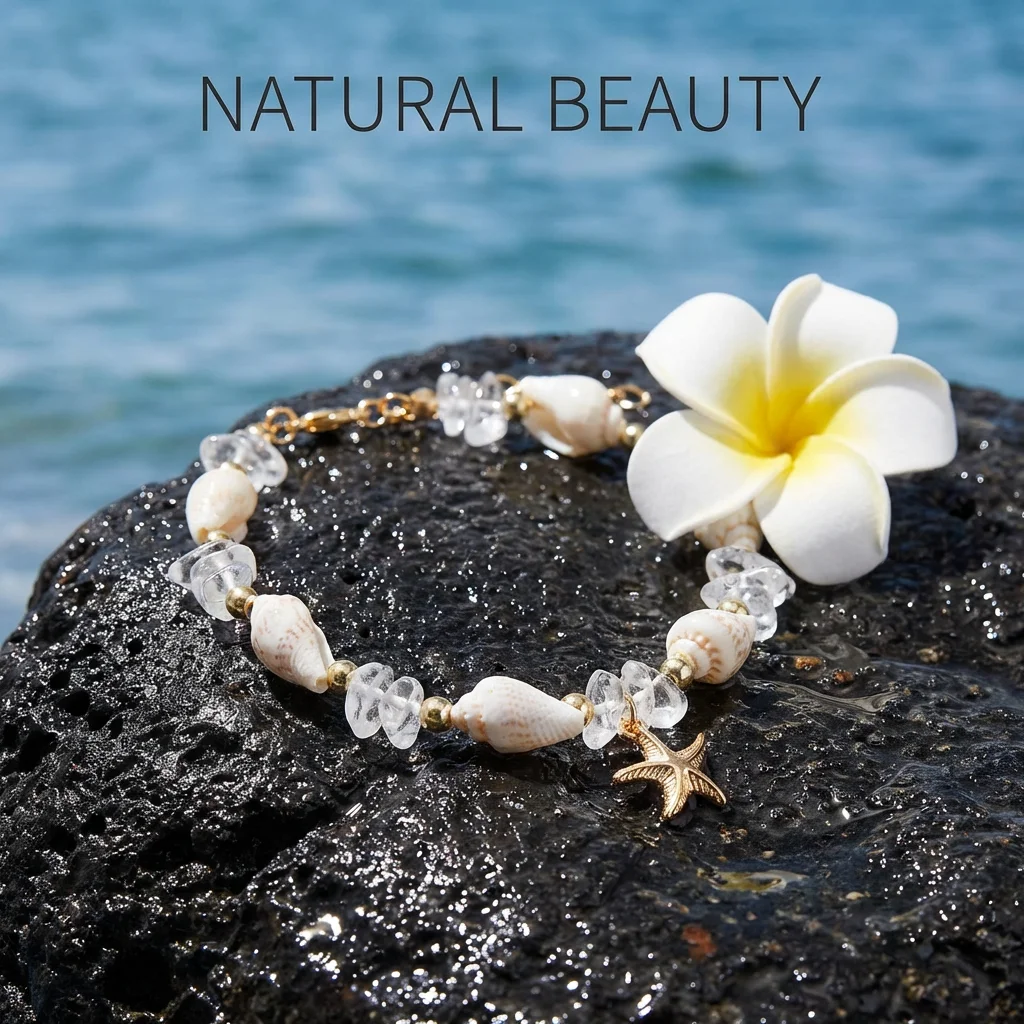 Boho Fußkettchen mit Muscheln für Frauen, Natürliche Kristallsteinperlen, Goldfarbener Seestern-Anhänger, Fußkette, Sommer-Strandschmuck, Geschenk – Detail 4