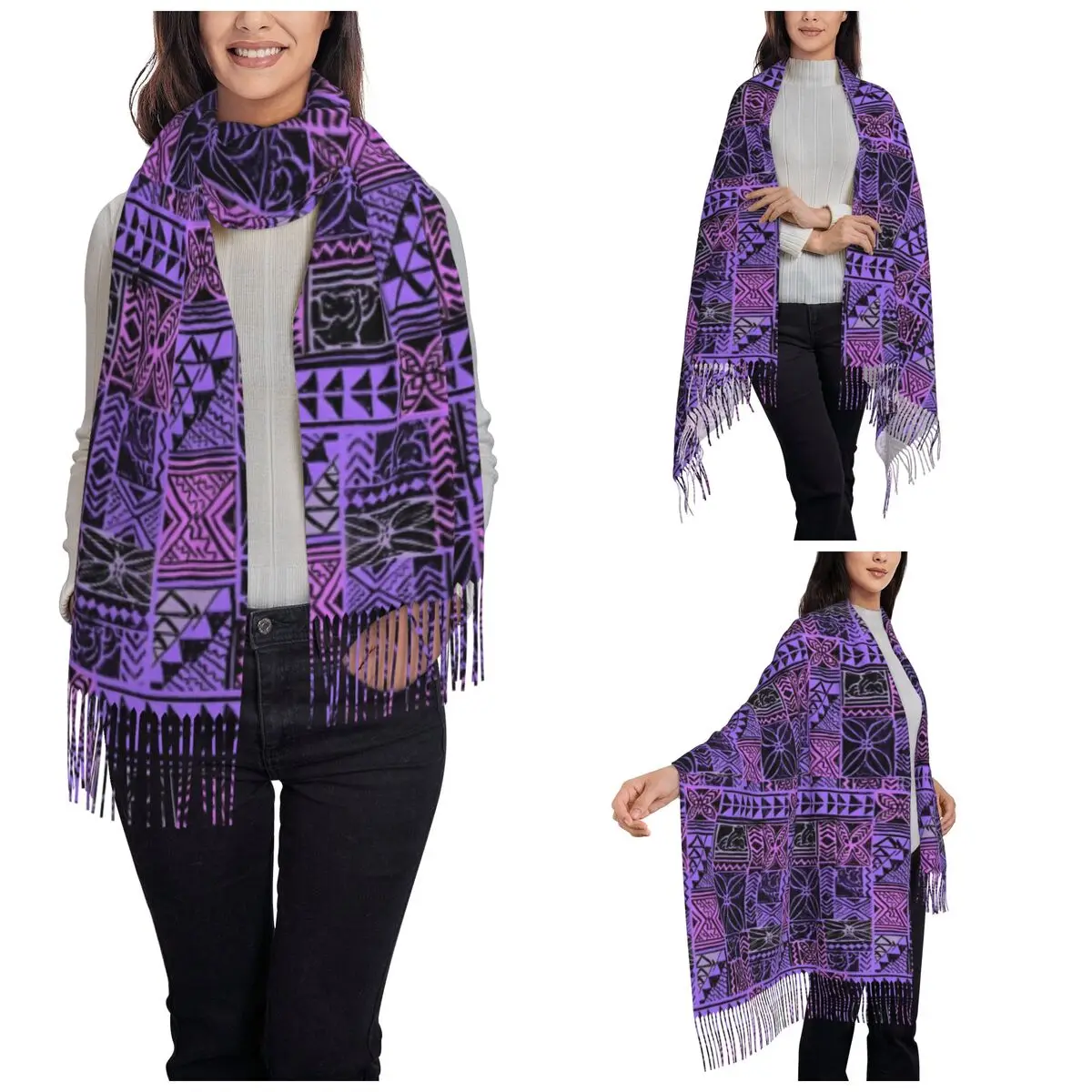 Womens Tassel Scarf Polynesian Tongan Orchid Tapa Long Winter Fall Shawl Wrap Tribal Gifts Pashmina Scarves