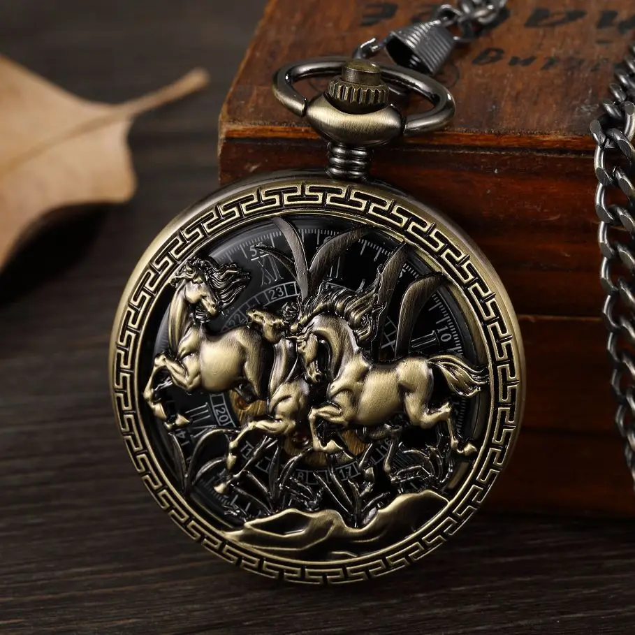 Vintage Bronze Pocket Watch Automatic Mechanical Retro Horse Full Hunter Pendant Watch with Fob Necklace Chain for Men Women New