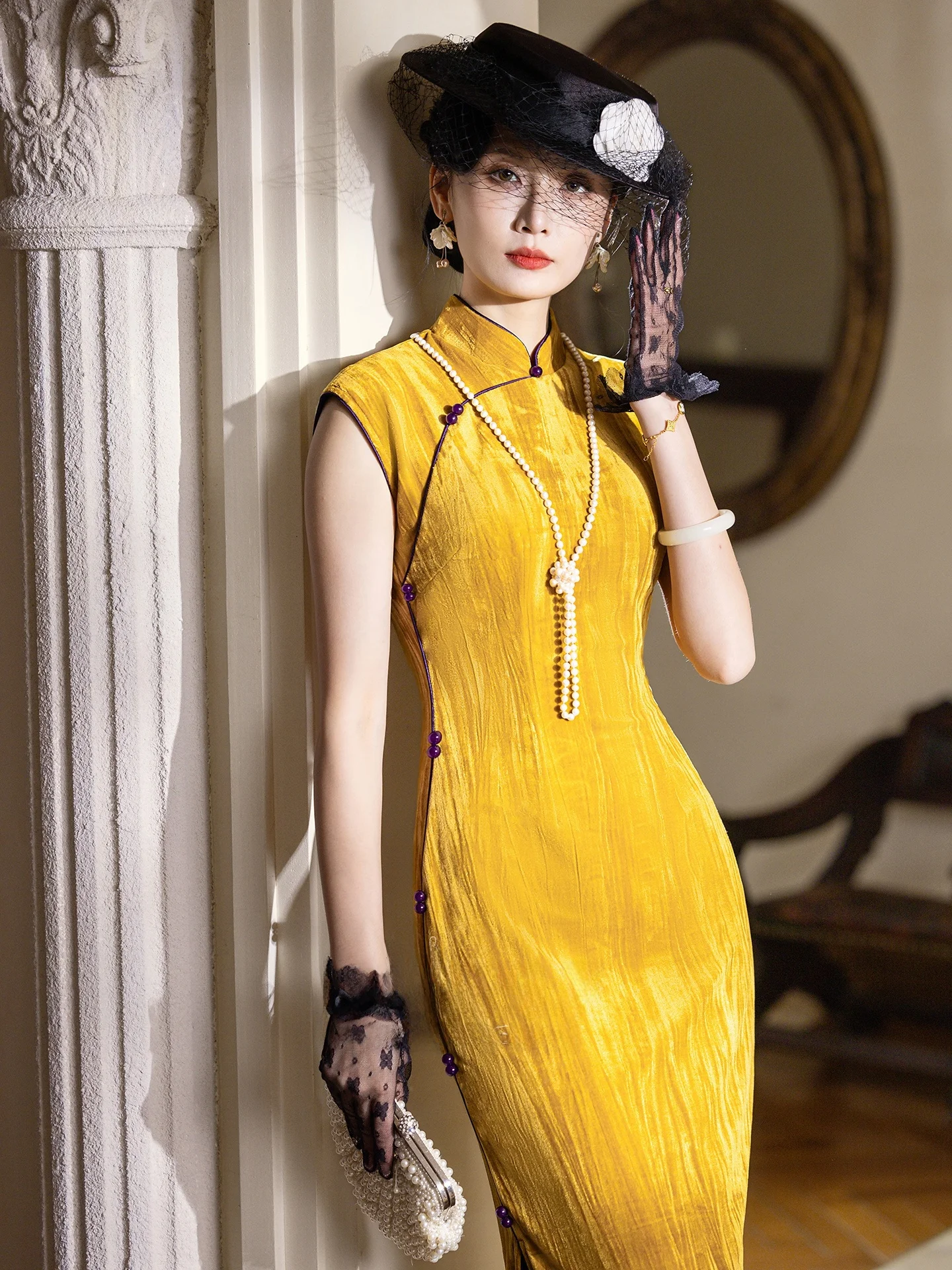 

Бархатное вечернее платье желтого цвета Ципао с разрезом золотого цвета, осень-зима, элитное ощущение года, конец, традиционное китайское платье