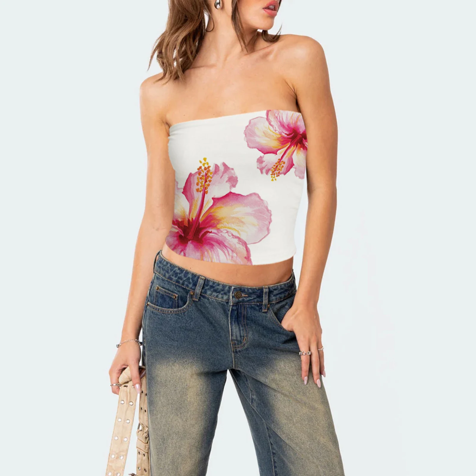 여성용 스트랩리스 탱크 탑, 여성용 릴리 프린트 슬림 튜브 탑, 플라워 패턴 방도, 배꼽 셔츠 스트리트웨어