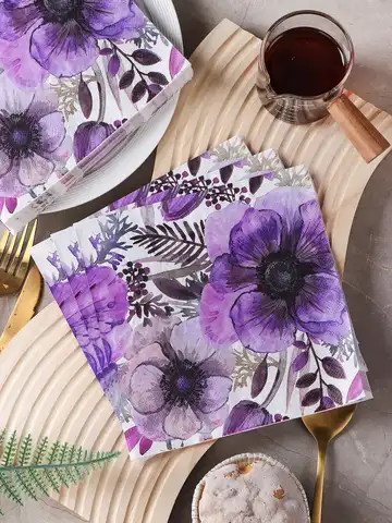 20-Pack Purple Floral Print 2-Ply Disposable Paper Napkins for Dining & Parties