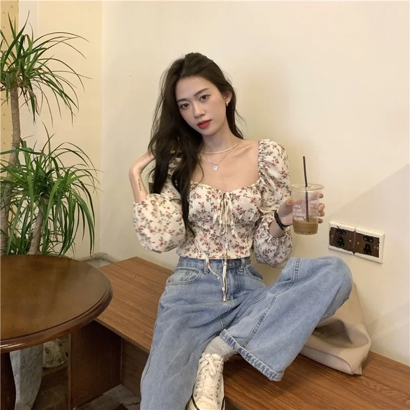 Blouses Women Print Square Collar Sweetie Spring Girls Cropped Long Sleeve Aesthetic Fashion Preppy Street Y2k Lace-up Design