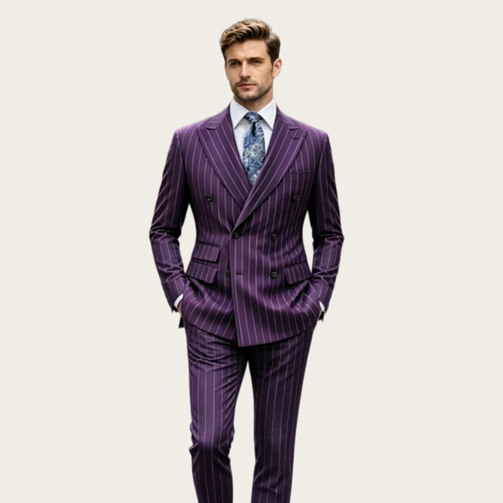 

Mophiel Wedding Men's Suits 2Pcs Pinstripe Tuxedos with Double Breasted Peaked Lapel for Man Office Business Blazer Customzied