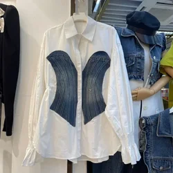 Ladies Fashion Casual Denim Splicing Stripe Shirts Blouse Women Tops Girls Button Up Shirt Female Long Sleeve Clothes AAY7760