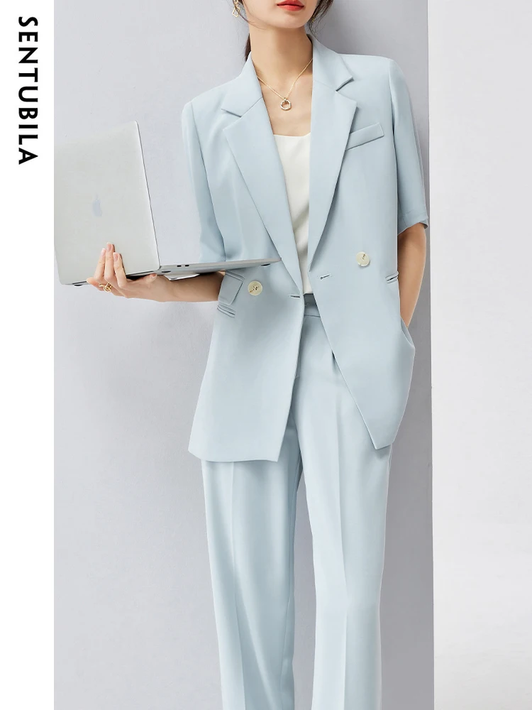 Sentubila-Conjunto de dos piezas para mujer, chaqueta de manga corta, Pantalones rectos holgados, traje de oficina, verano, 131Z47112