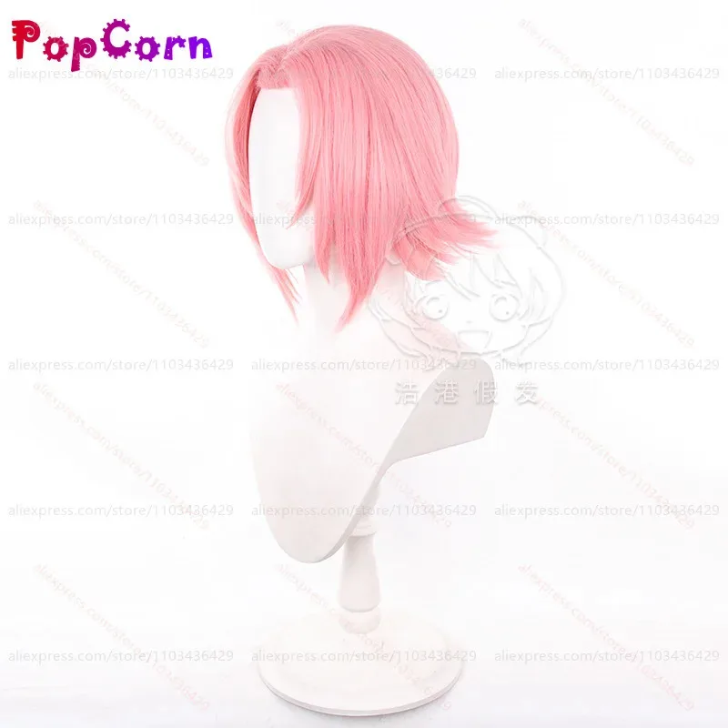 Peluca de Cosplay Haruno Sakura Unisex, peluca corta esponjosa de color rosa claro de 35cm, pelucas de Cosplay de Anime, pelucas sintéticas resistentes al calor
