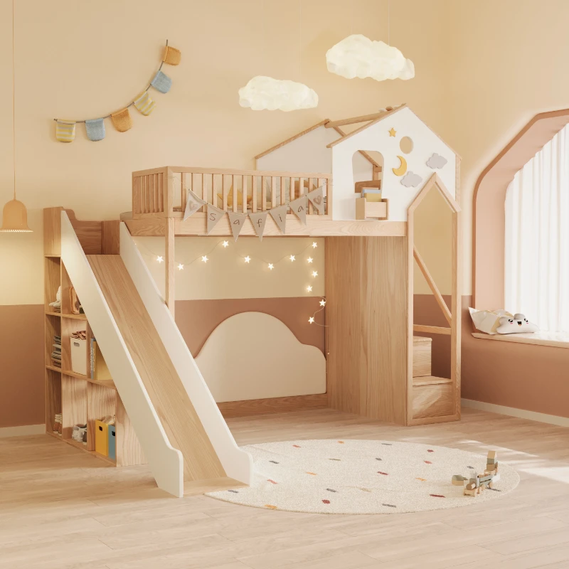 Massief houten kinderbed, boomhutbed, verhoogd bed met glijbaan, stapelbed voor moeder en kind, stapelbed met hoge reling