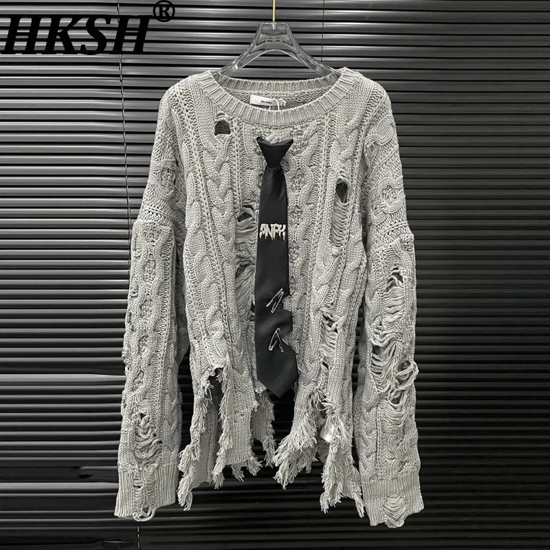 

HKSH Autumn New Women Chic Niche Korean Fashion Lazy Style Tie Knitted Pullover Sweater Trendy Tide Distressed Hole Tops HK10376