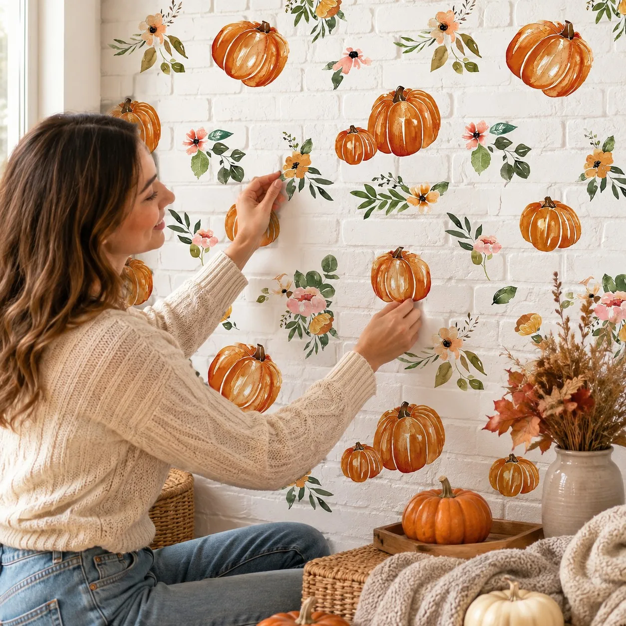 9 Sheets Watercolor Pumpkin Wall Stickers for  Autumn and Thanksgiving Harvest  Decor