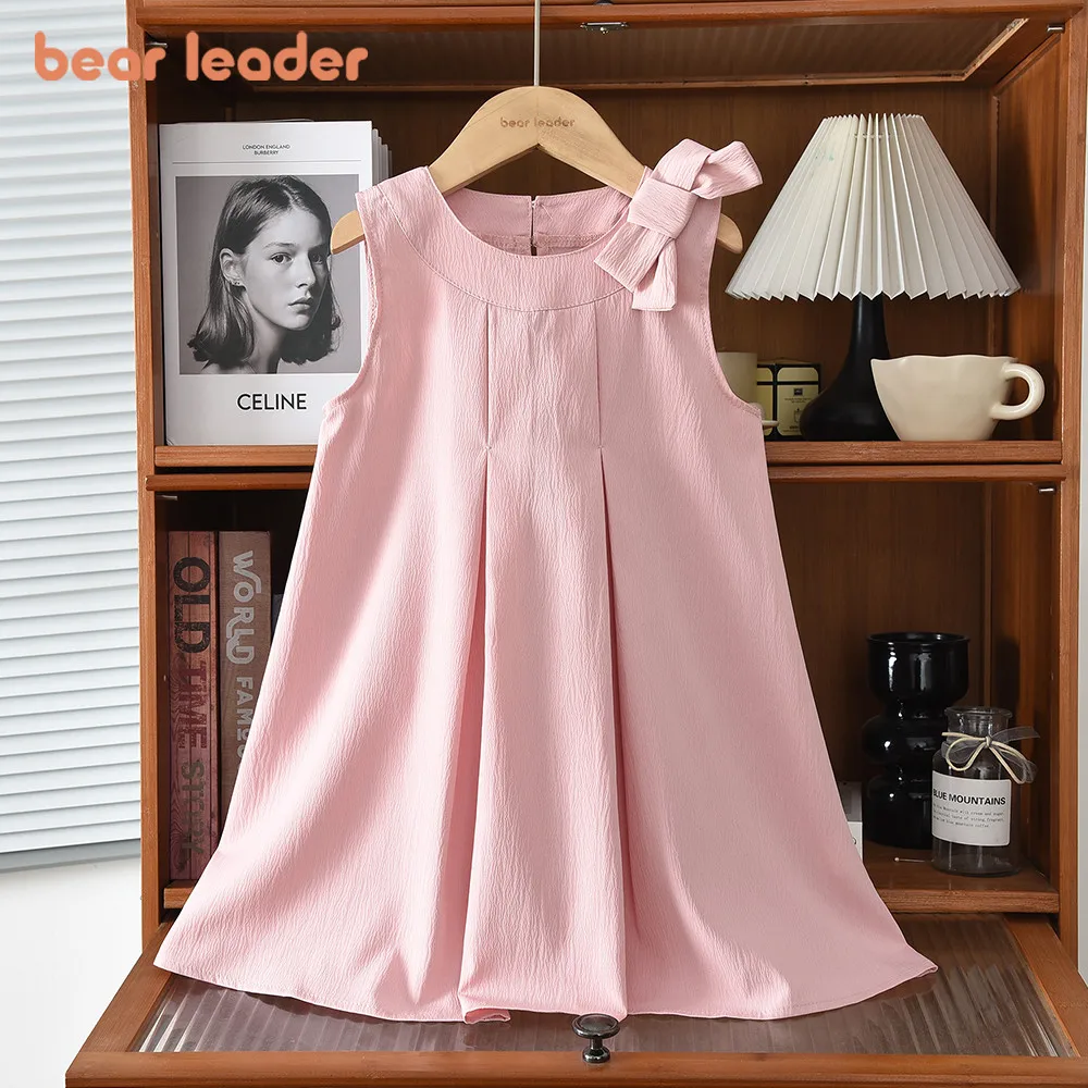 Ropa de Verano para Niñas Bear Leader, Versión Coreana, Vestido de Princesa sin Mangas con Lazo Rosa, Vestido de Fiesta para Niñas de Color Sólido