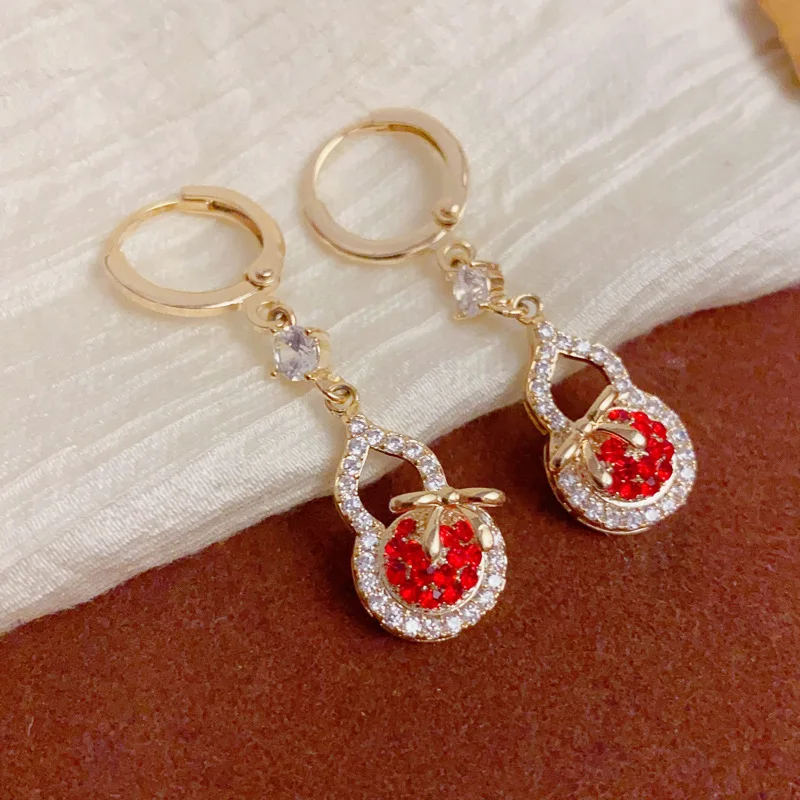 French retro versatile full diamond gourd bow fringed earrings exquisite personality simple ear buckle