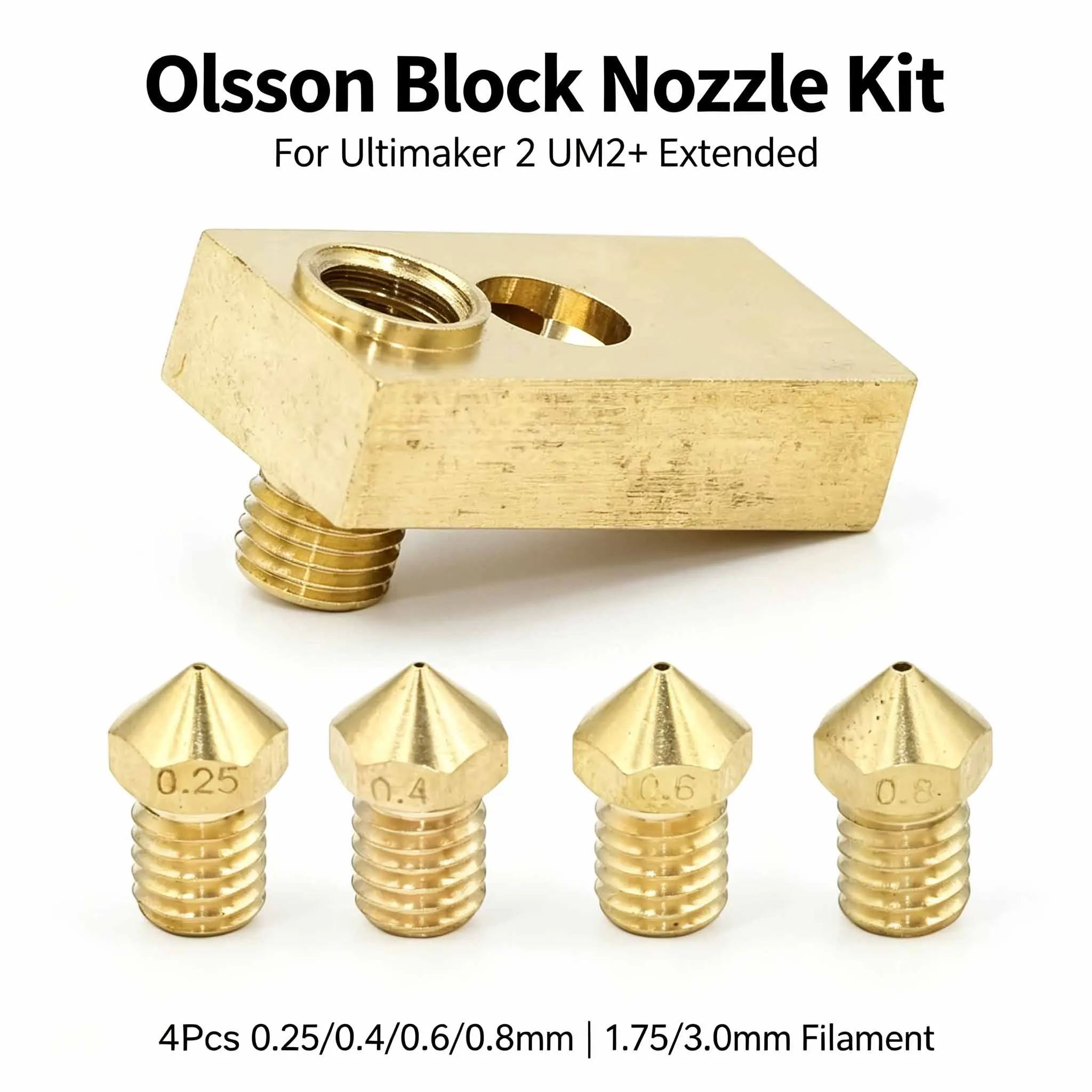 Ultimaker 2 UM2+ Extended E3D Hotend Olsson Block Nozzle Kit 4Pcs 0.25/0.4/0.6/0.8mm Fit 1.75mm & 3.0mm Filament