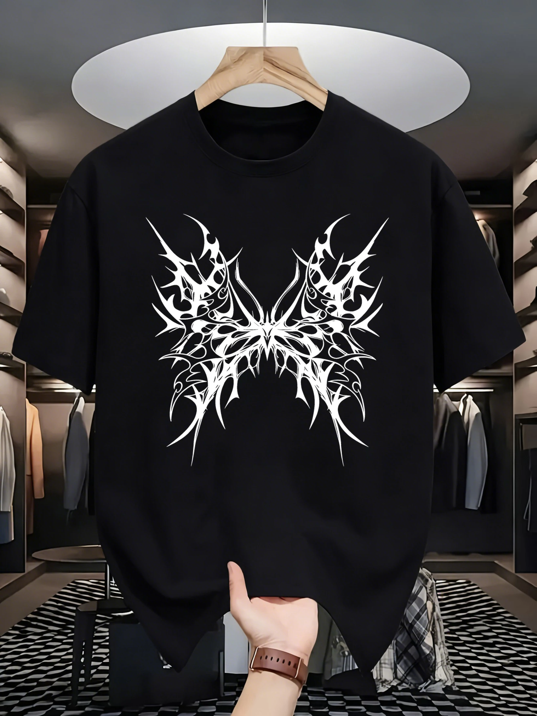 Thorn Butterfly Wings Printed Mans Hip Hop O-Neck Clothes All-Match Cotton Short Sleeve Oversized Summer Streetwear Casual Tops
