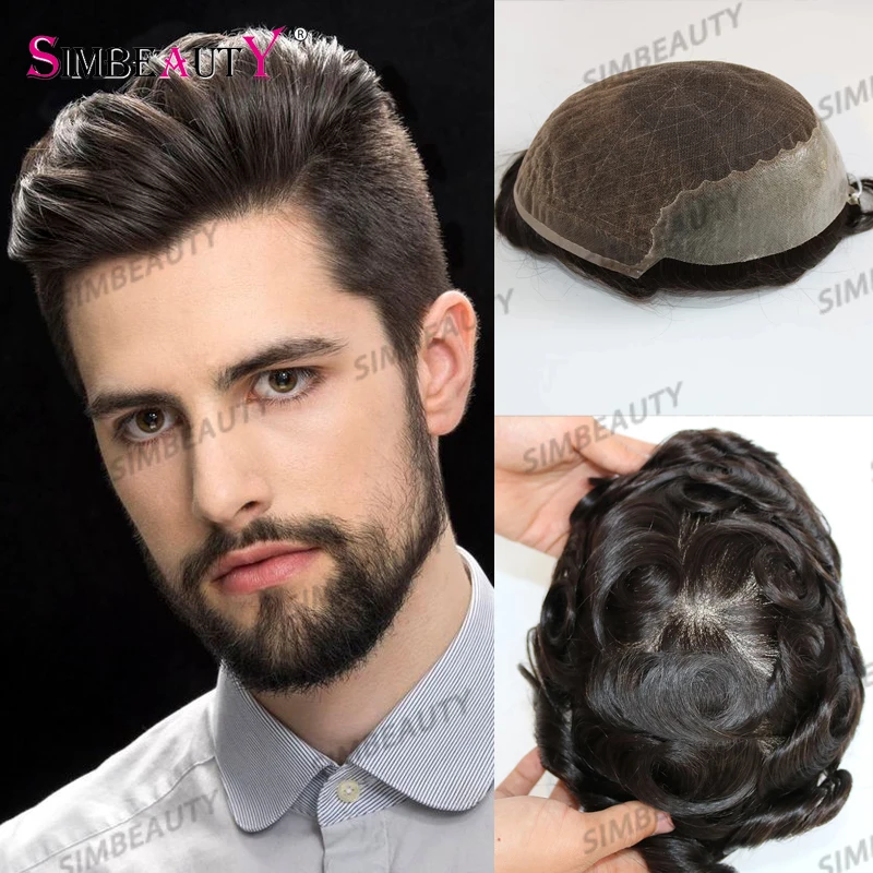 100% Virgin Human Hair Men Toupee Natural Hairline Q6 Breathable Full French Lace Front&PU Thin Skin Base Male Wigs Replacement