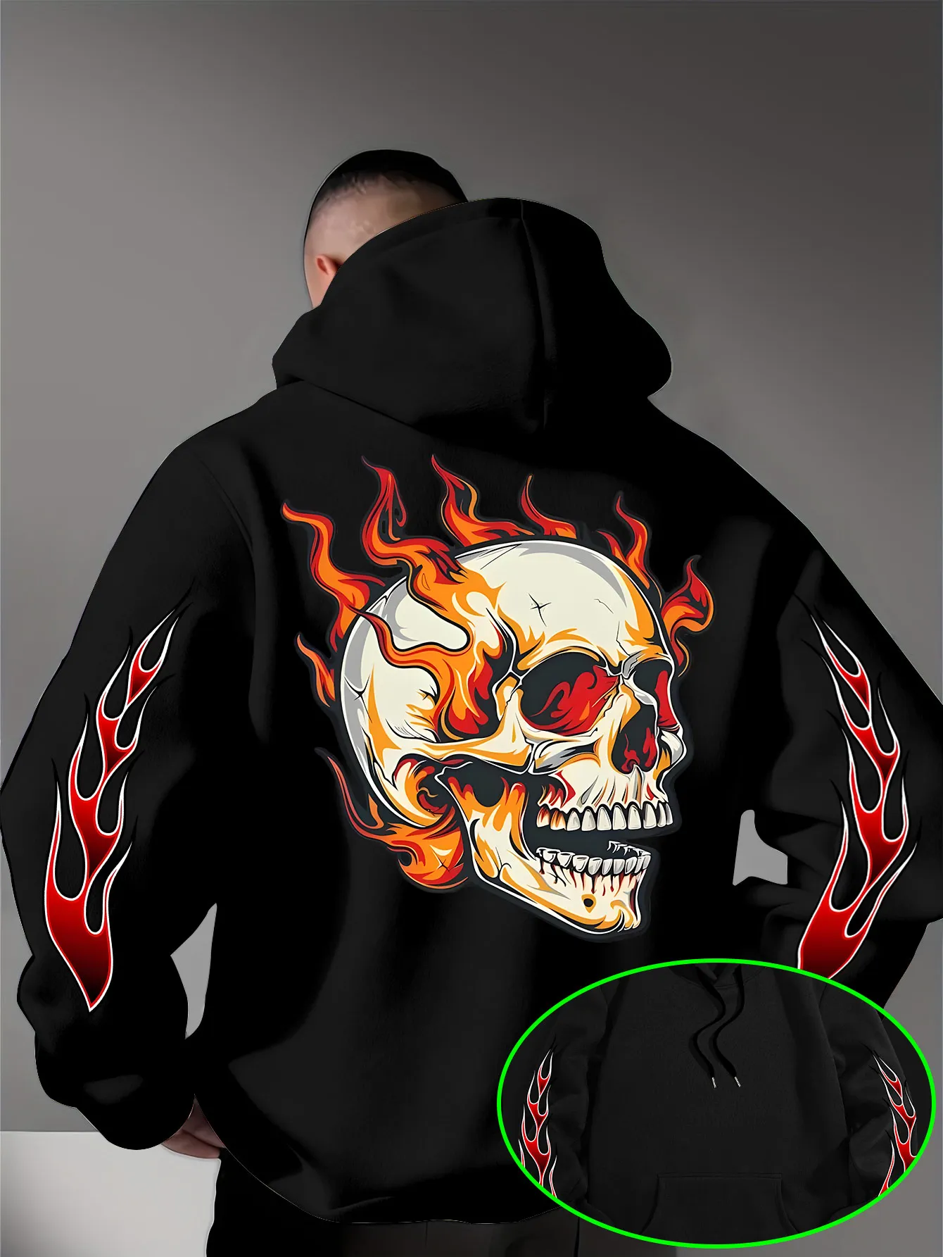 Men's Biker Hoodie Fiery Skull with Flames & Sleeve Flame Print Black Streetwear Pullover Sweatshirt Hip Hop Sport Casual Top