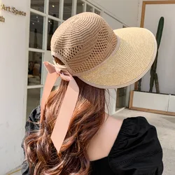 Summer Sun Hat Women Beach Accessories Wide Brim UV Protection Visor Sunshade Cap Ladies Bowknot Korean Panama Floppy Sunhat