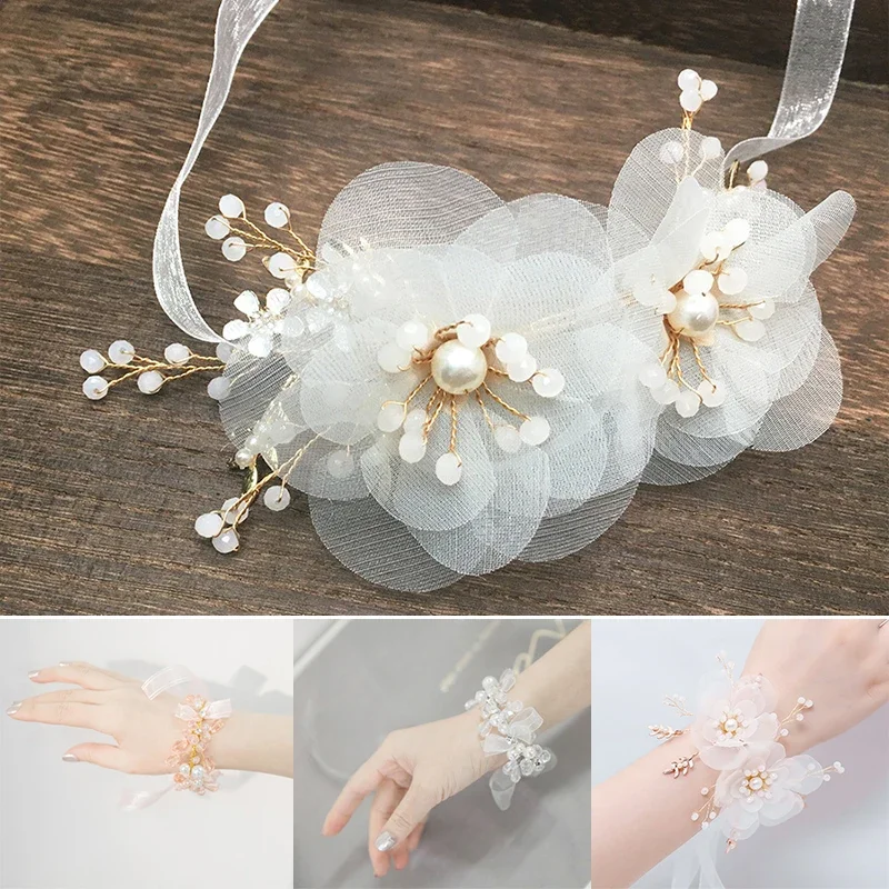 ลูกไม้สีขาวข้อมือ Corsage เพื่อนเจ้าสาวเพิร์ลสร้อยข้อมือดอกไม้ประดิษฐ์เจ้าสาวดอกไม้สําหรับงานแต่งงานเต้นรํา Party Decor เจ้าสาว