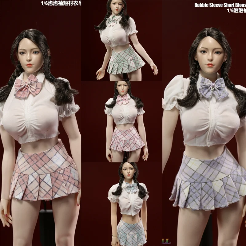 JIAOU DOLL JO23X-12 1/6 Female White Short Sleeve Shirt Plaid Pleated Skirt Clothes Set Fit 12'' Action Figure Body Model Dolls