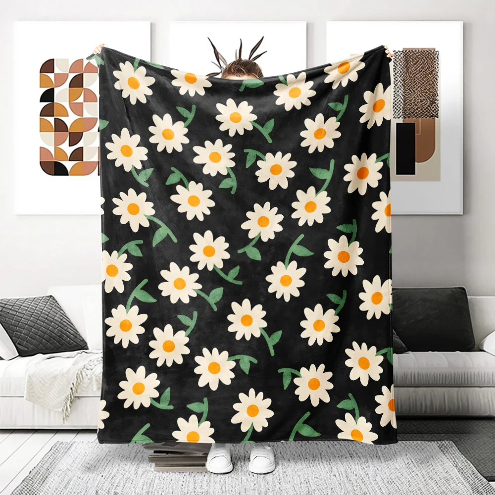 Black White Daisies Green Warm Flannel Fleece Blanket Thick Soft Cozy Throw Blanket for Winter Bed Couch Plush Bedspread