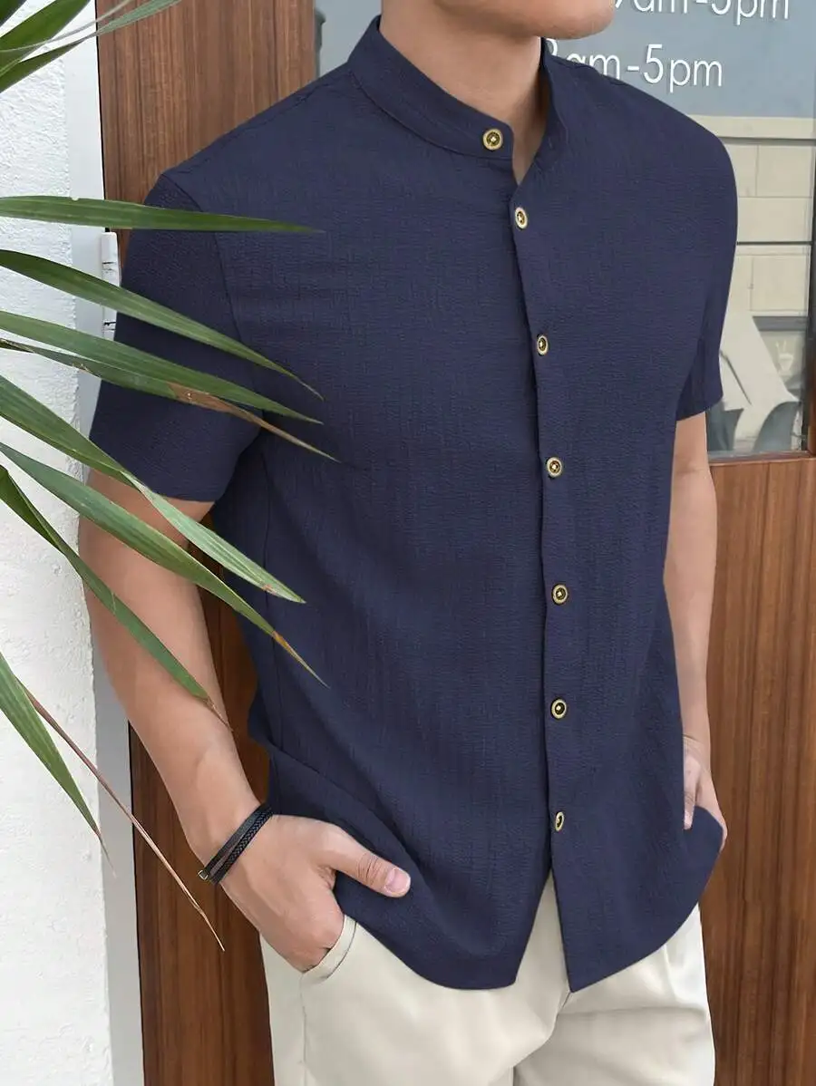 

Men's Navy Blue Solid Short Sleeve Mandarin Collar Casual Shirt