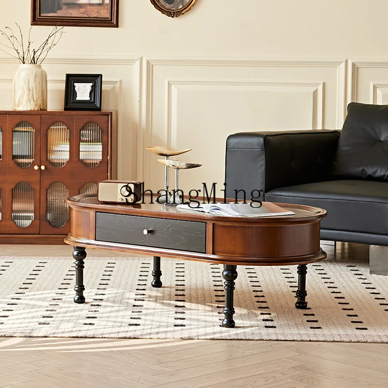 

SM retro style living room small apartment solid wood oval coffee table high-end middle and ancient style tea table with drawers