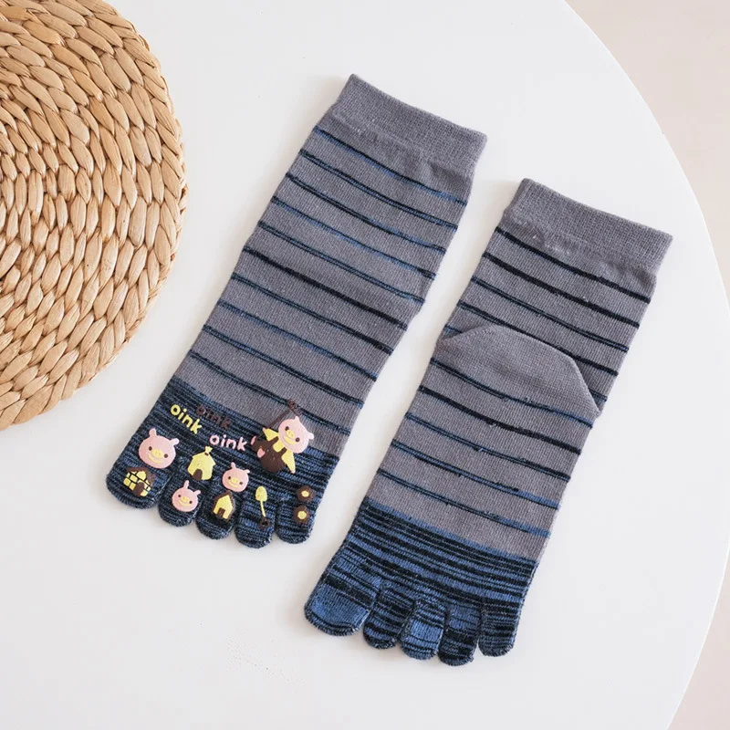 5 Pairs Lady Girl Striped Five Finger Fun Socks Cute Anime Cartoon Cotton Novelty Sweat-absorbing Non-slip 5 Toed Slipper Socks