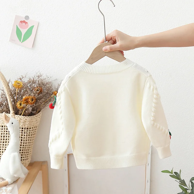 Girls\' Sweaters Cardigan Spring Autumn New Love Button Warm Sweater Coats Korean Girls Cute Cherry Thicked Knitted Tops