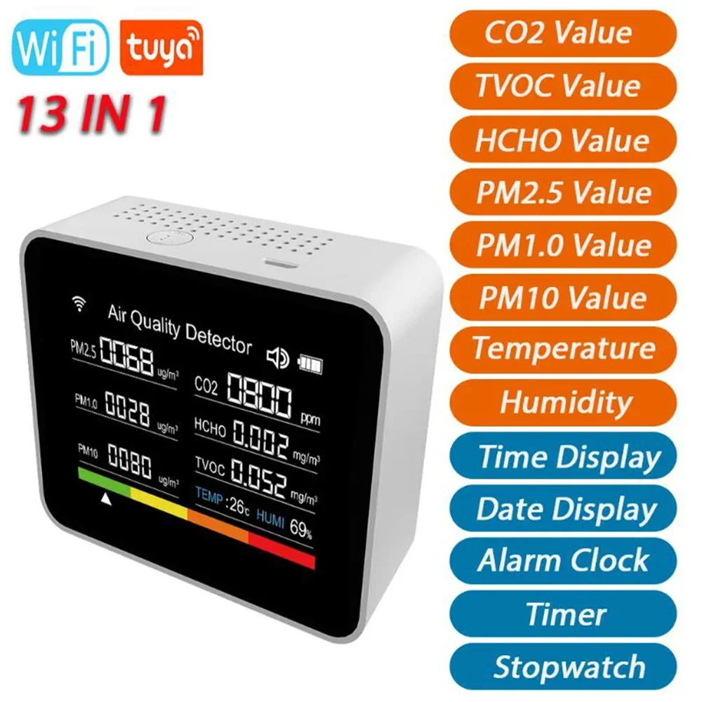 13 in 1 Tuya WIFI Air Quality Monitor CO2 Detector CO2/TVOC/HCHO/PM2.5/PM1.0/PM10/Temperature/Humidity/Time/Date/Alarm/Timer