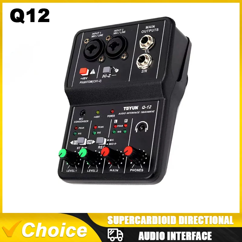 Q12 TEYUN 2 Channels portable Professional sound card console mini USB MIXER Audio Interface for Guitar Recording Studio Singing