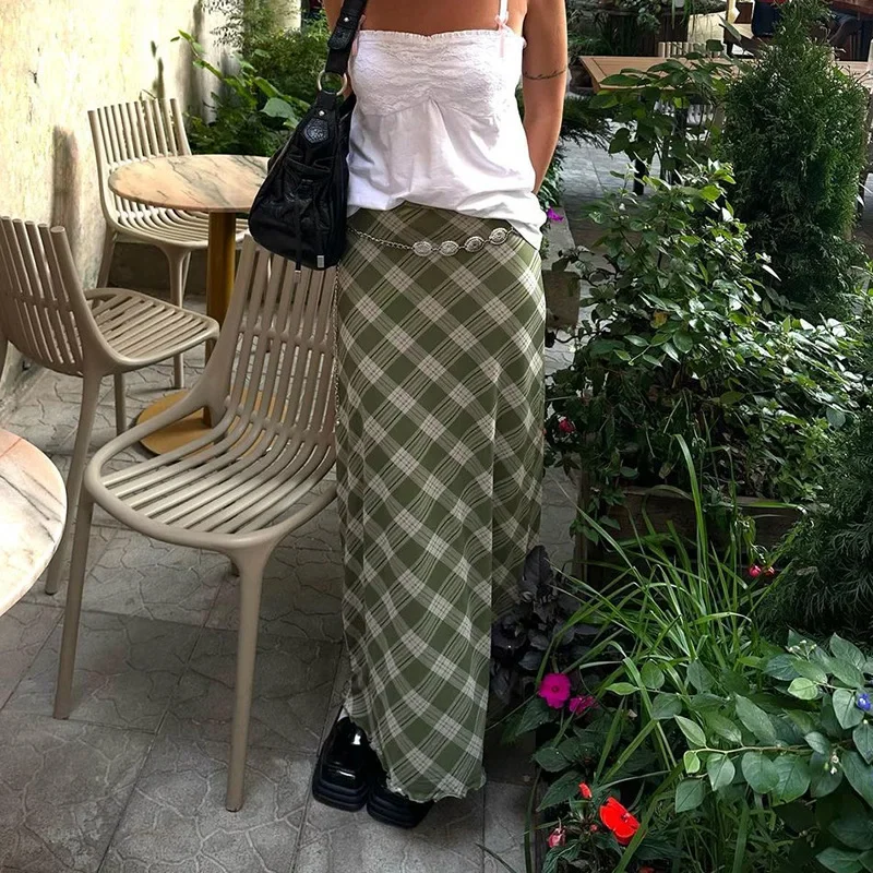 Vintage Plaid Print Maxi Skirt Mesh Double Layer Women Y2K Aesthetics Long Skirts High Waist Harajuku Korean Grunge