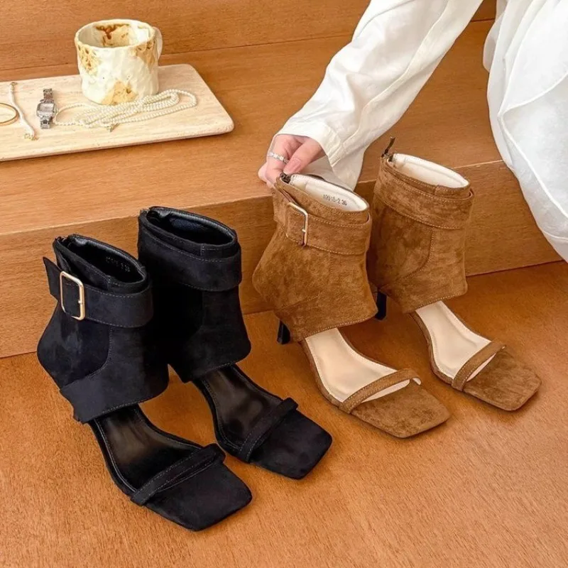 Retro Summer New Square Toe Open Toe High Heel Cold Boots Women's Metal Buckle Non-slip Wear-resistant Stiletto Shoes view 3