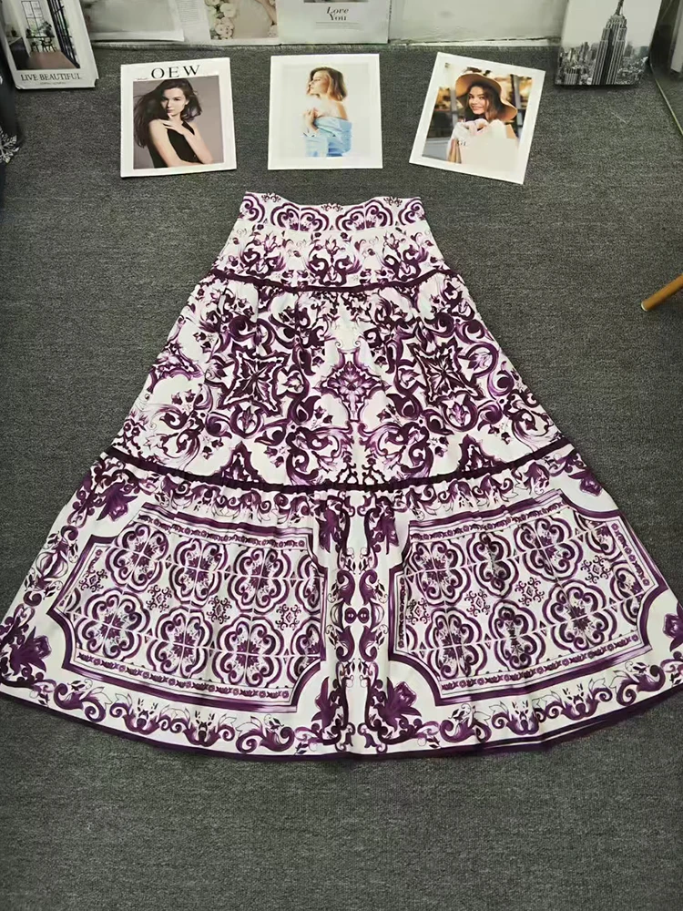 Conjunto de camisa curta com lapela estampada geométrica retrô para outono 2025 roupas femininas + saia evasê de cintura alta conjunto de moda