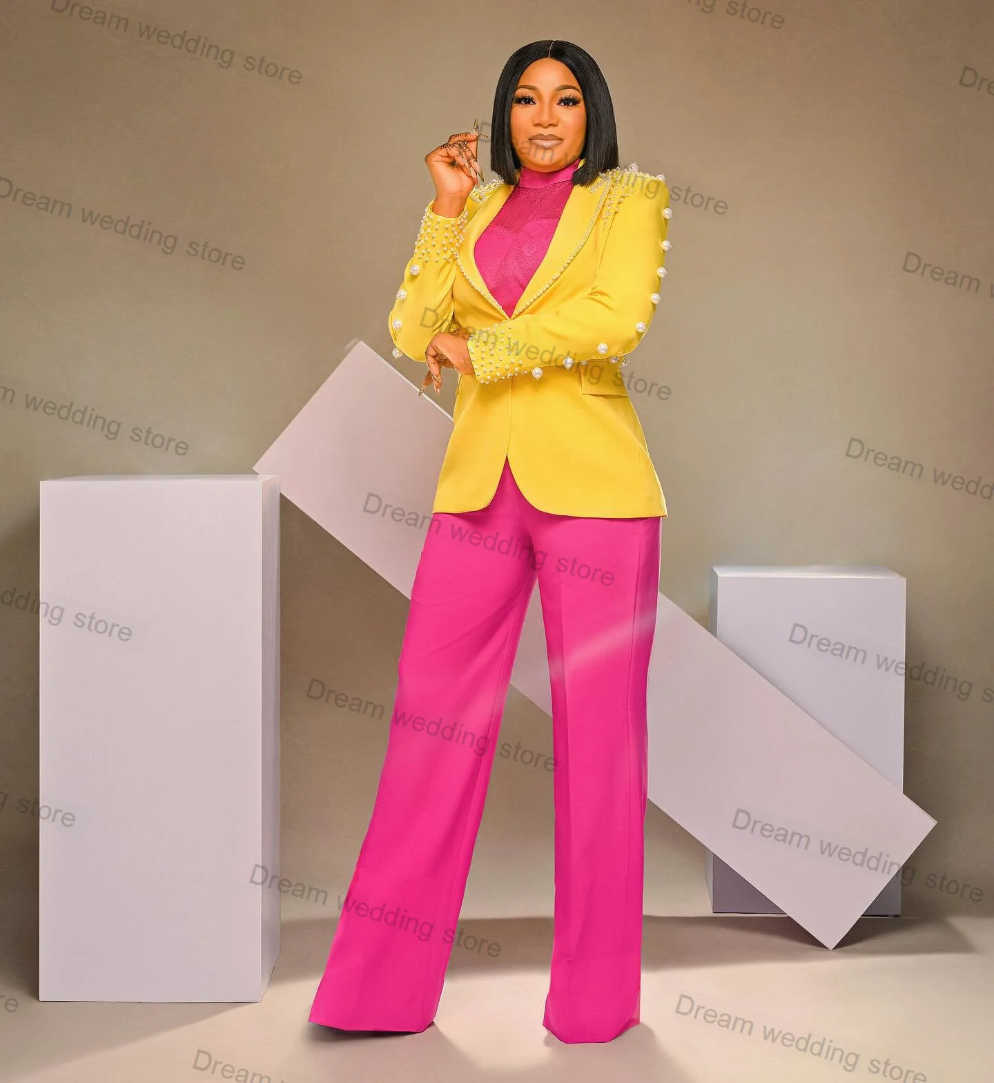 Pearls Women Suits Pants Set 2 Pcs Yellow Blazer+Pink Trousers Formal Prom Dress Wedding Guest Tuxedos Office Lady Jacket