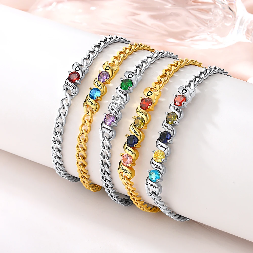 

U7 Customized 1-5pcs Birthstones Cuban Chain Bracelets for Woman 5mm Round Stone Custom Family Name Jewelry Gift Mother Daughter