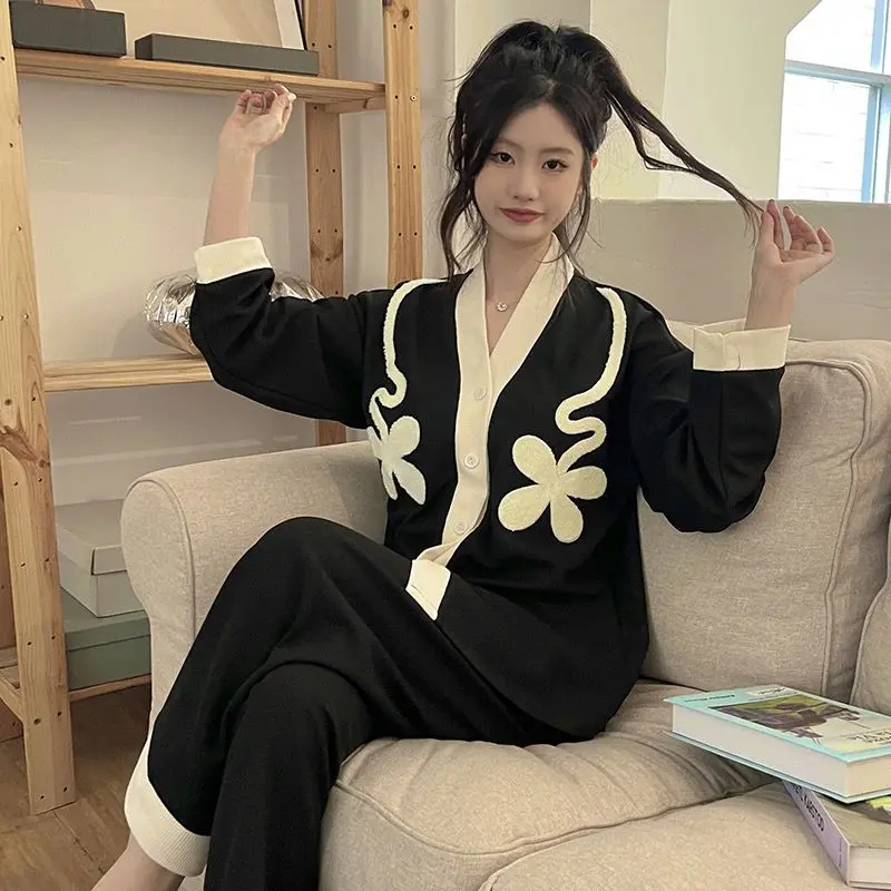 Spring Autumn New Sleepwear Sweet Cute Student Dormitory Pajamas Set 2024 Women's Cardigan Loose V-neck Casual Homewear Suit