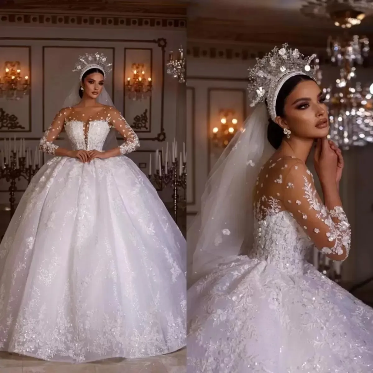 Abito da ballo di lusso con perline abiti da sposa Dubai arabo Royal Train pizzo con paillettes sposa Aibye abiti da sposa 2023 Vestido De Noiva